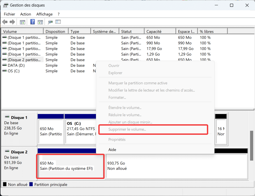 Supprimer la partition est grisé dans gestion des disques